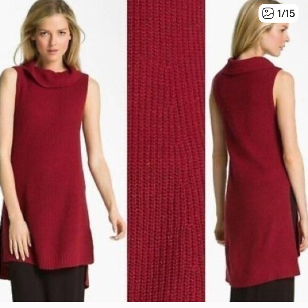 Eileen Fisher Dark Red Cowl Neck Sleeveless Tunic Sweater Extra Small Yak Wool